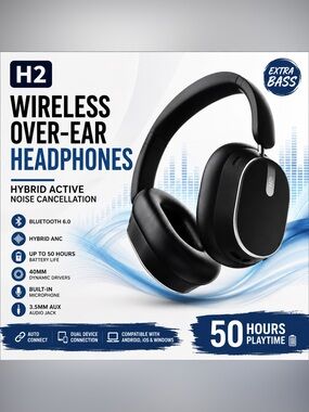 H2 Wireless Over Ear Headphones Black Noise Cancellation Bluetooth New In Box